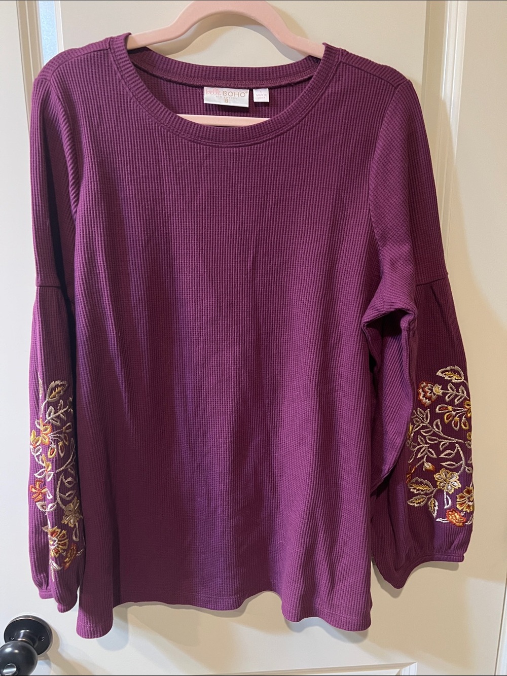 Embroidered Sleeve Waffle Tunic - Plum H037